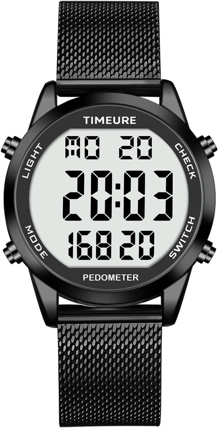 TIMEURE Men's Pedometer Watch with Stainless Steel Bracelet,Step Counter Watch No App, No Charging Needed for Ourdoor Walking, Calorie, Distance, Alarm, Countdown Timer Watch TU-2306B - Image 1